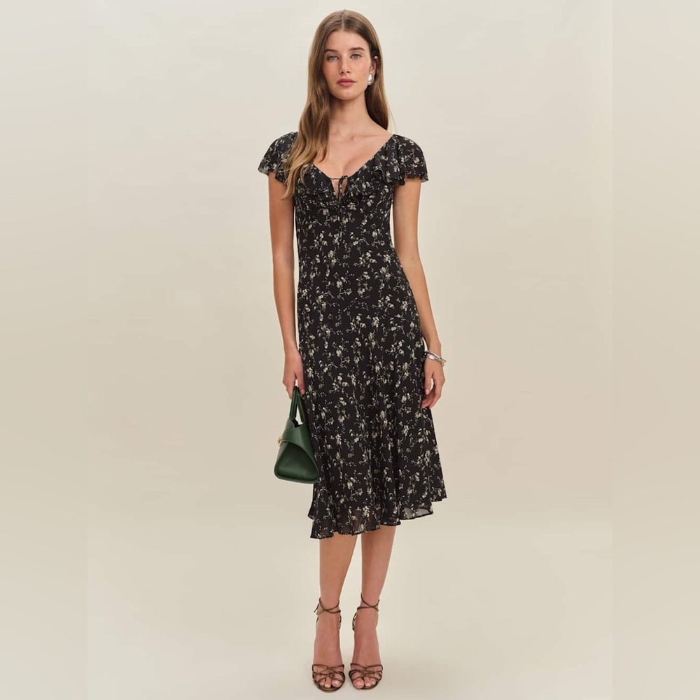 Reformation Gaelle Dress Floral Black, Tie-Front, Flutter Sleeve, Lucien -Size M